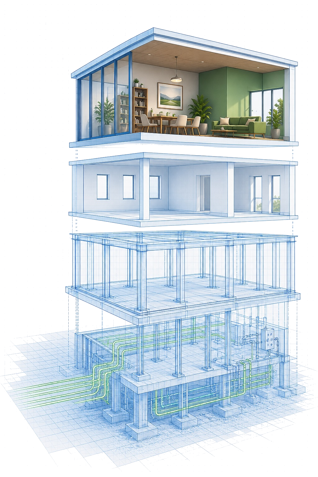 Architectural cross-section — Mission and Outcomes on the top floor, Programs and Population in the middle, People, Revenue Flow and Infrastructure in the foundation.